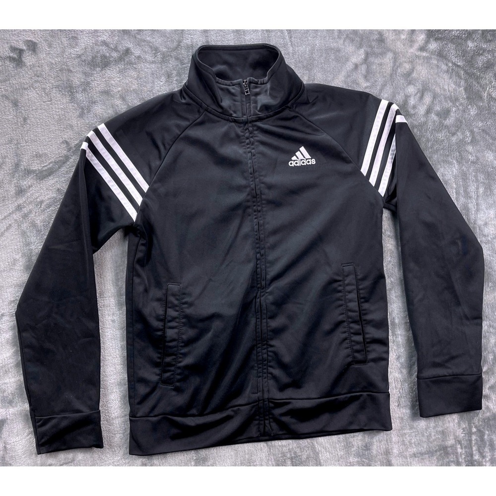 Adidas Boys Size M 10/12 Black Full Zip Track Jacket 3-Stripe Athletic Coat